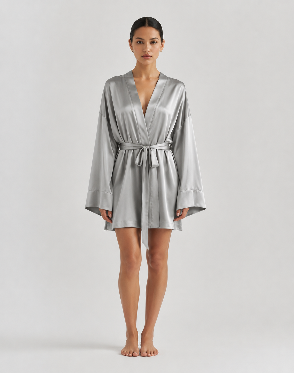V-Neck Satin-Look Dressing Gown with Wide Sleeves