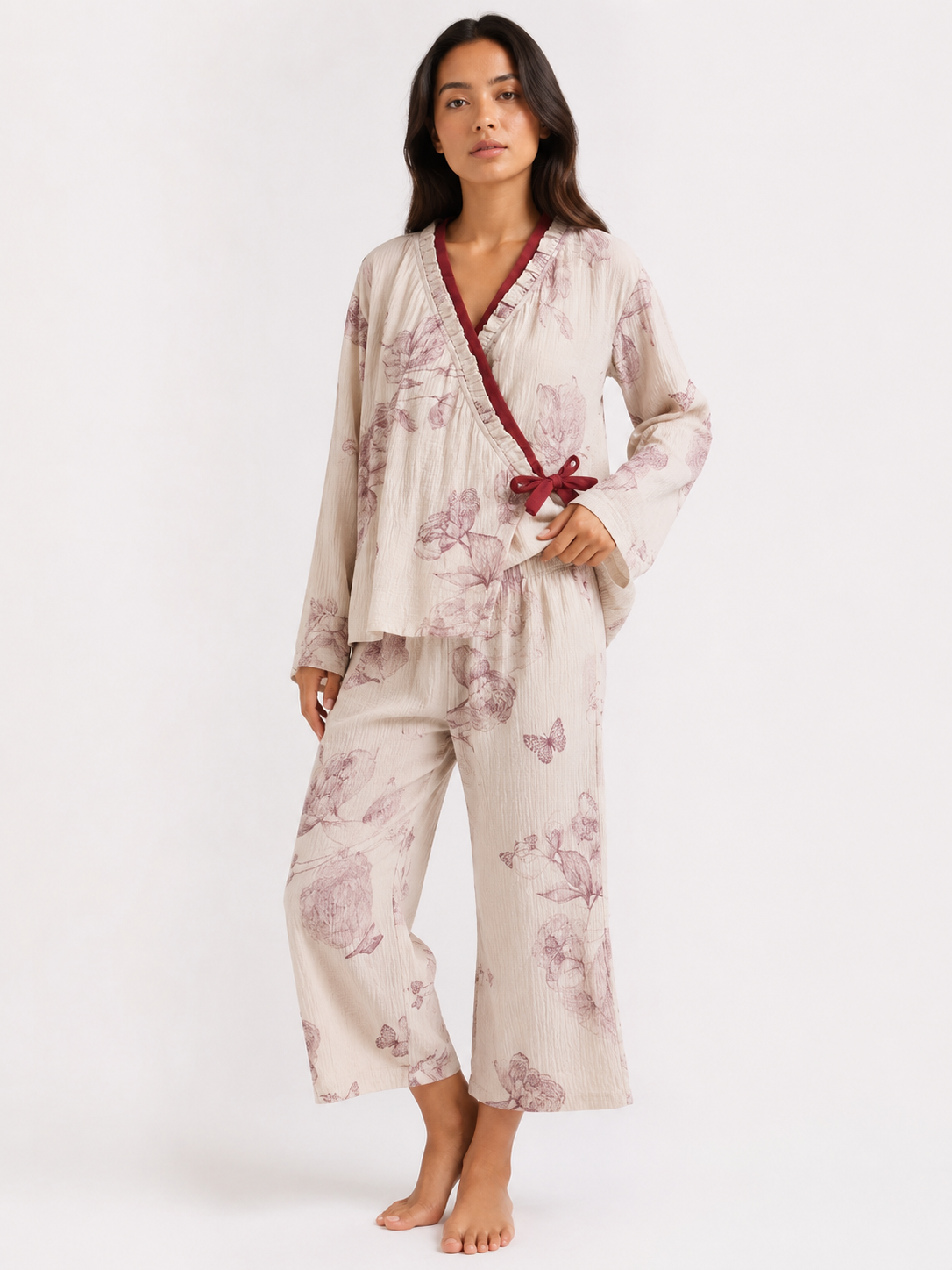 Kimono-Style Wrap Long Pyjama Set with Tie Waist