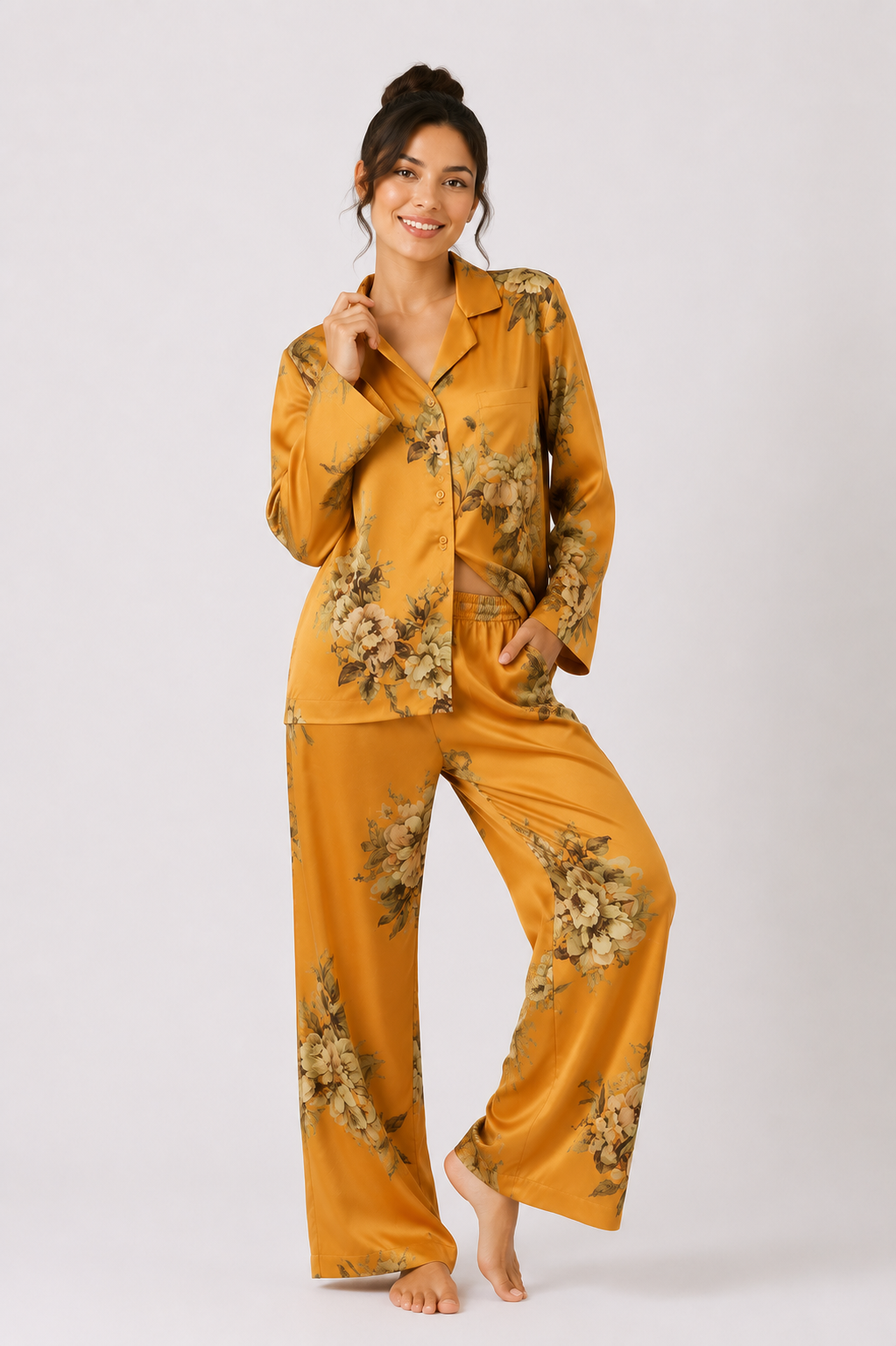 Satin-Look Long Pyjama Set with Revere Collar