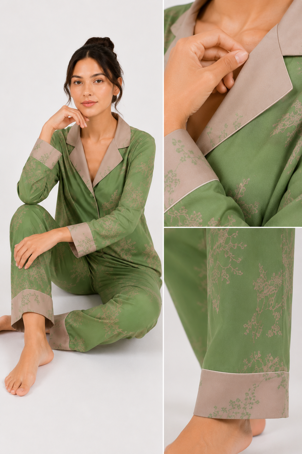 Printed Satin-Look Long Pyjama Set with Piping