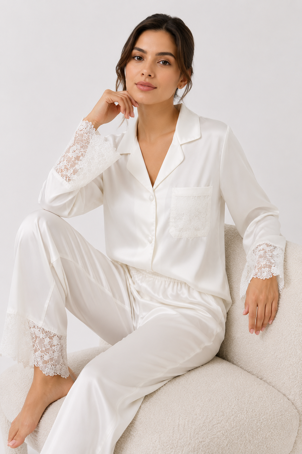 Button-Front Long Pyjama Set with Lace-Trim Pants