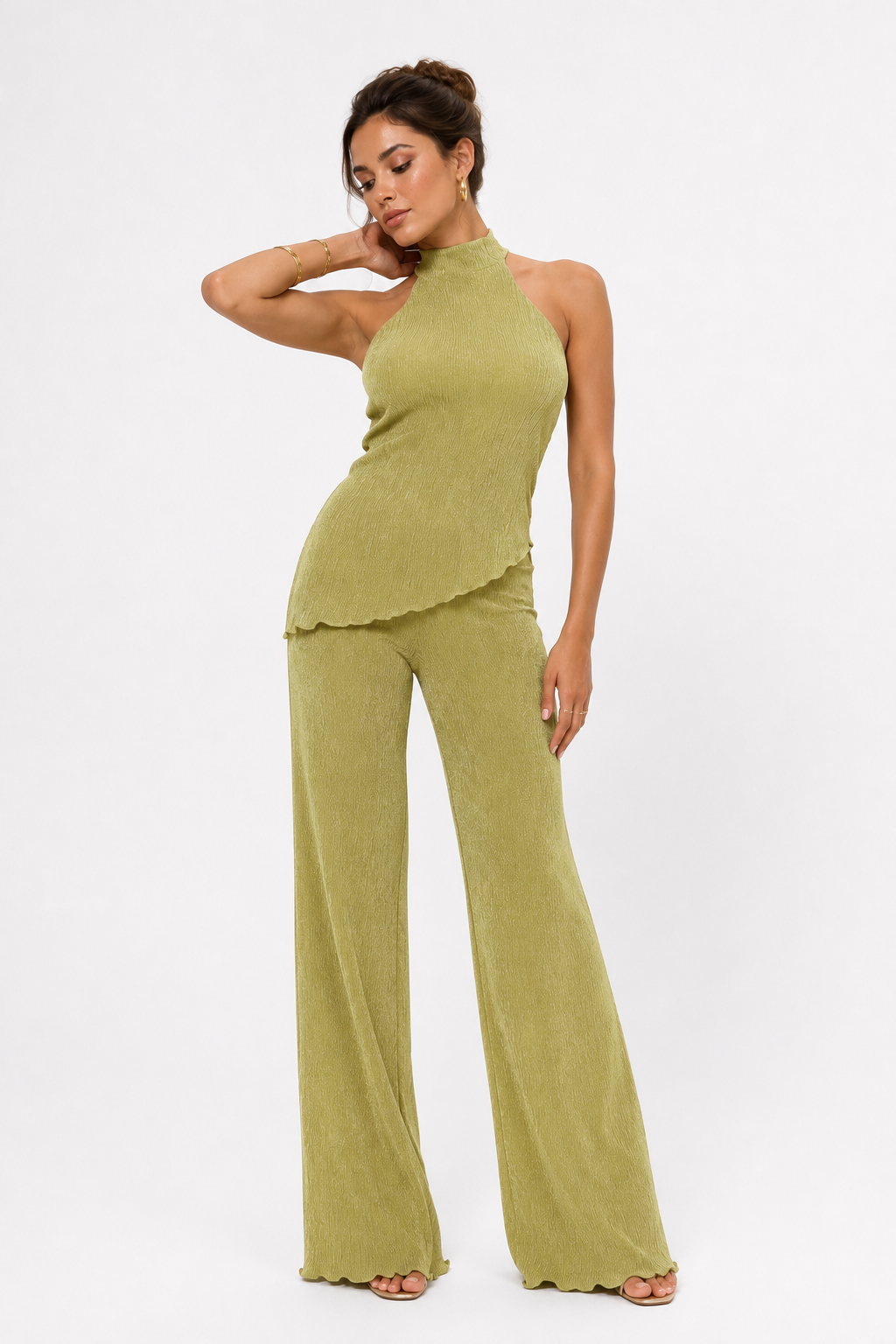 Sleeveless High-Neck Top and Wide-Leg Pants Set