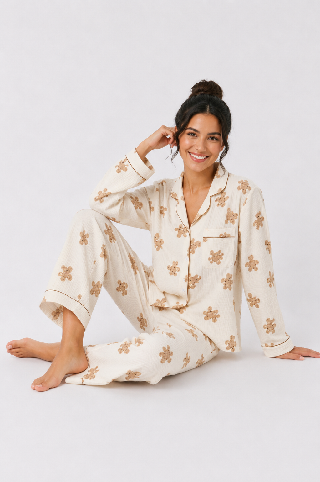 Contrast-Piped Long Pyjama Set with Straight-Leg Pants