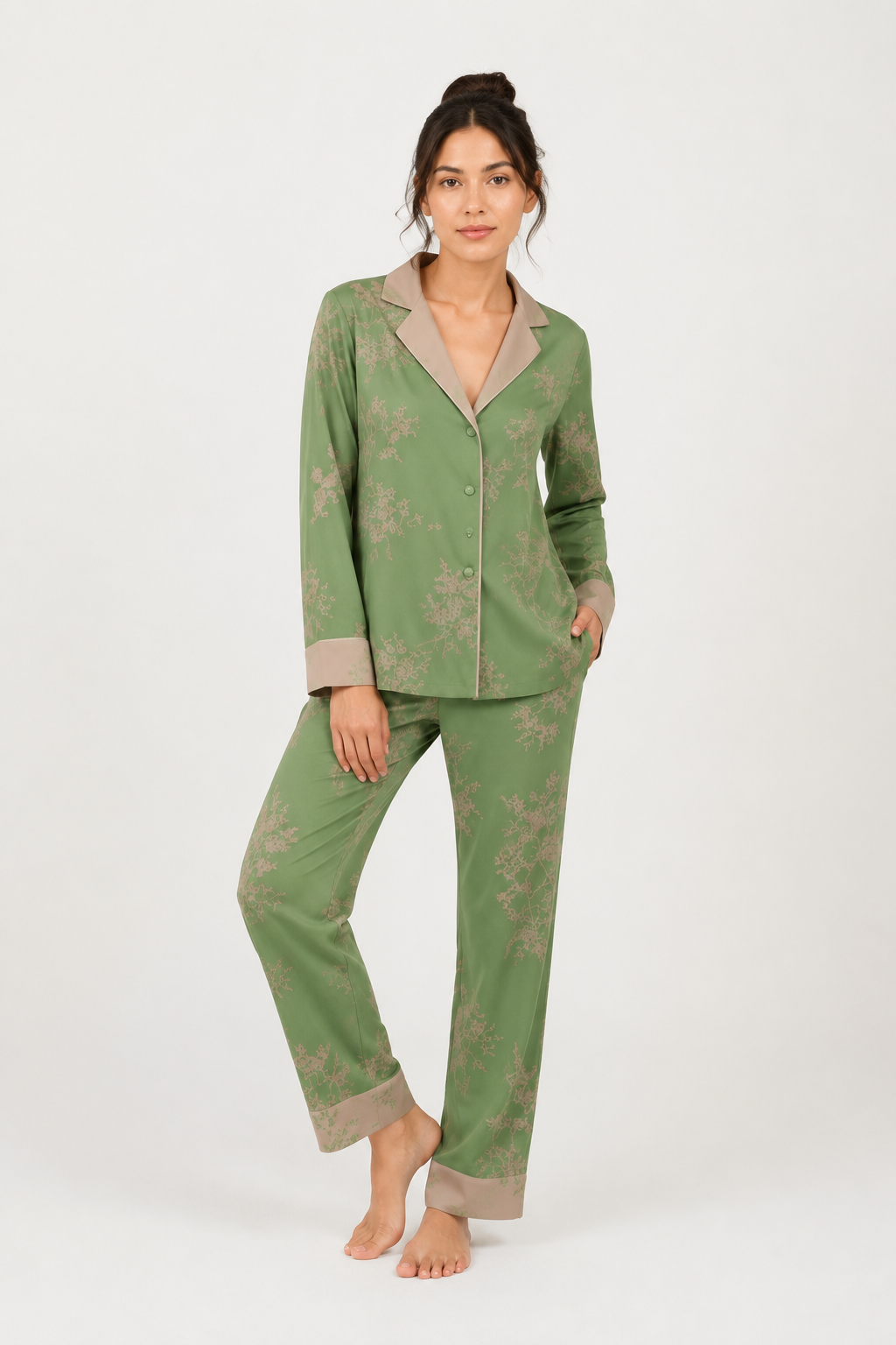 Printed Satin-Look Long Pyjama Set with Piping
