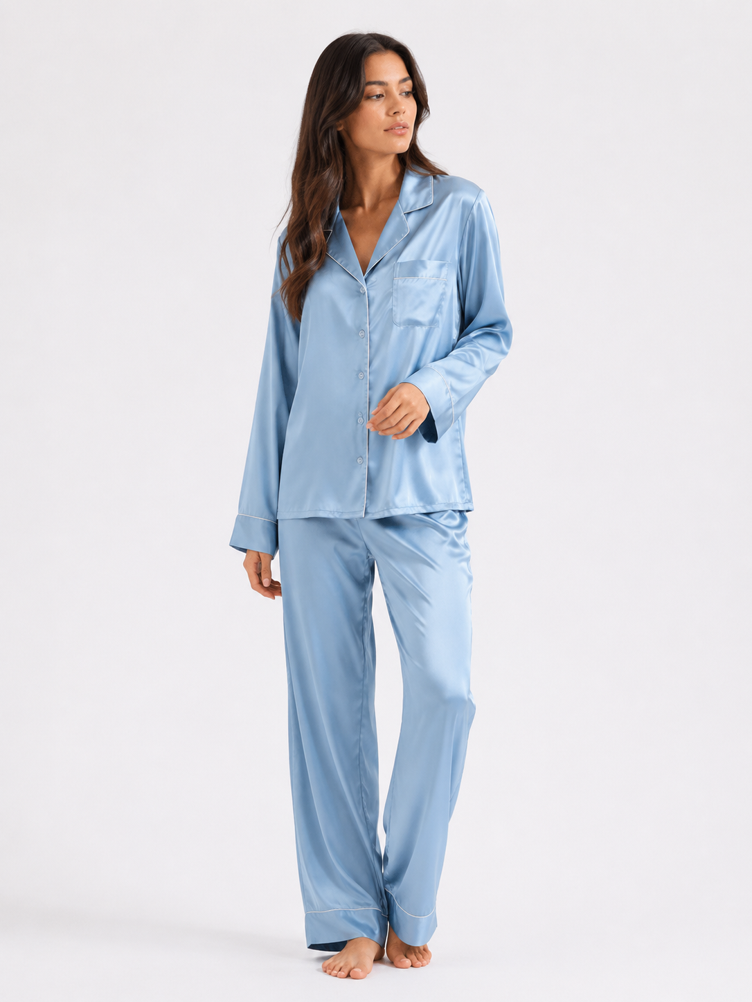 Smooth-Finish Long Pyjama Set with Revere Collar