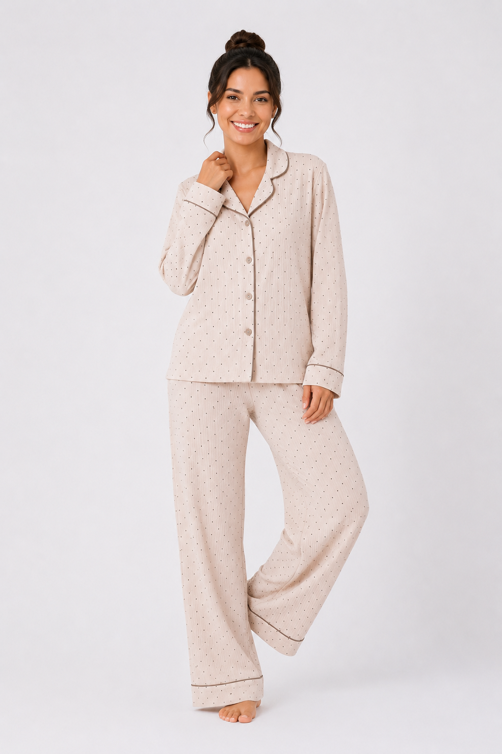 Contrast-Piped Long Pyjama Set with Straight-Leg Pants