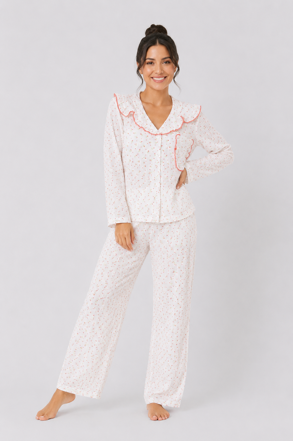 Contrast-Piped Long Pyjama Set with Straight-Leg Pants
