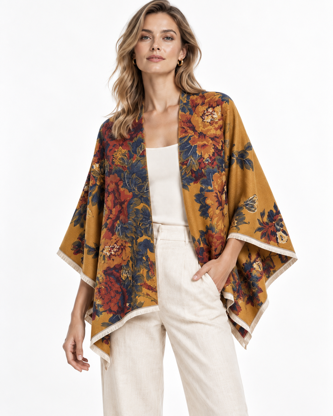 Floral-Print Draped Shawl