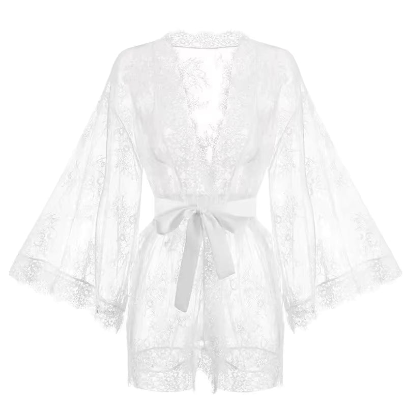 Floral Lace-Detail Dressing Gown with Tie Waist
