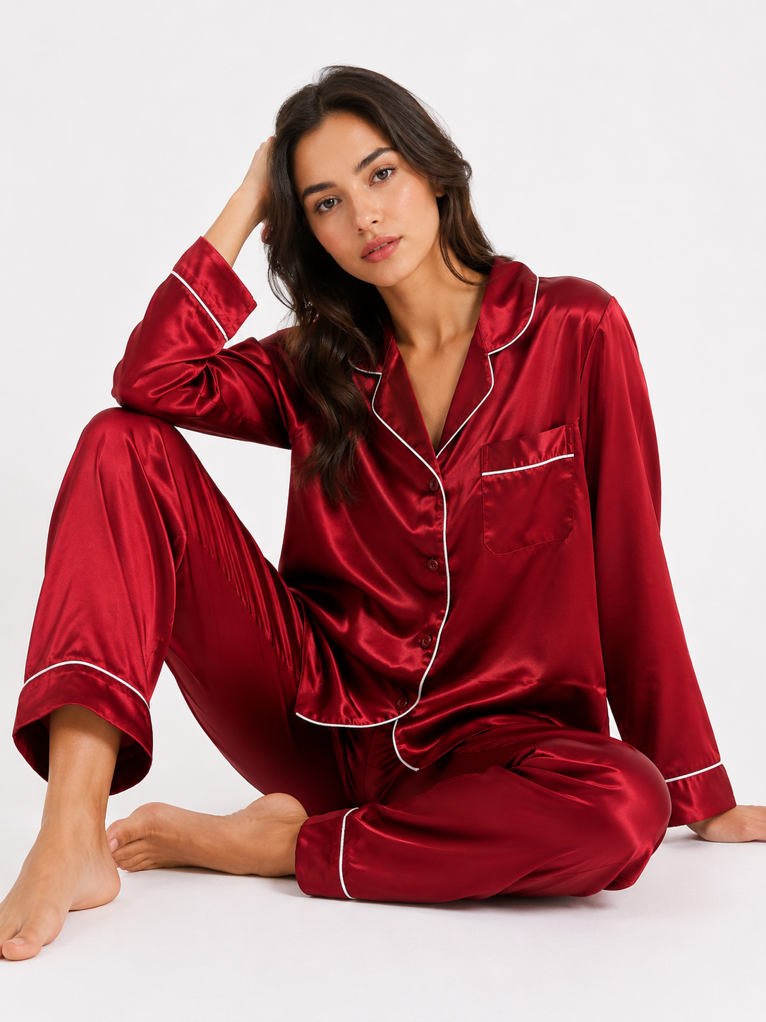Smooth-Finish Long Pyjama Set with Revere Collar