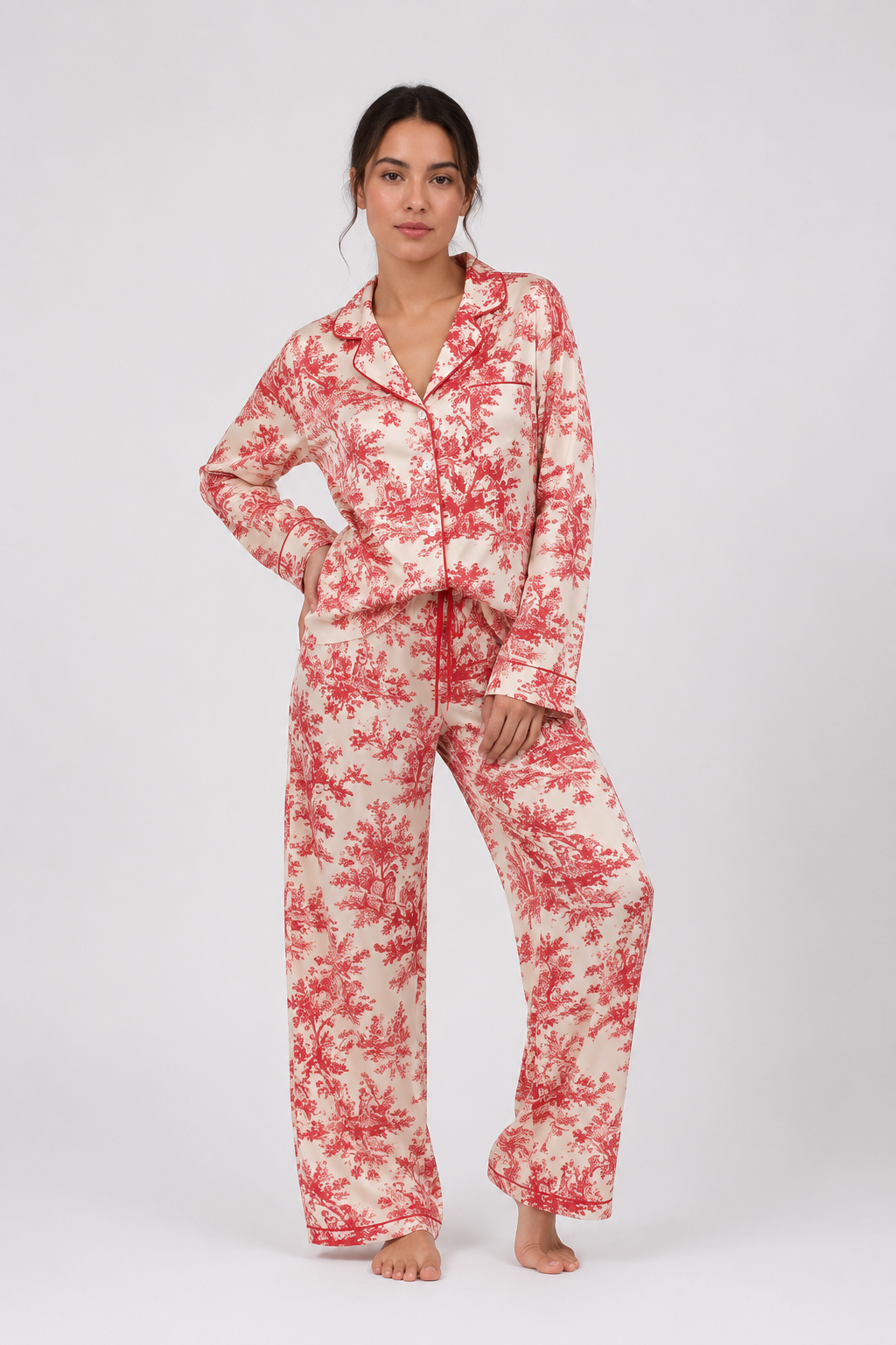 Piped Long-Sleeve Button-Front Pyjama Shirt