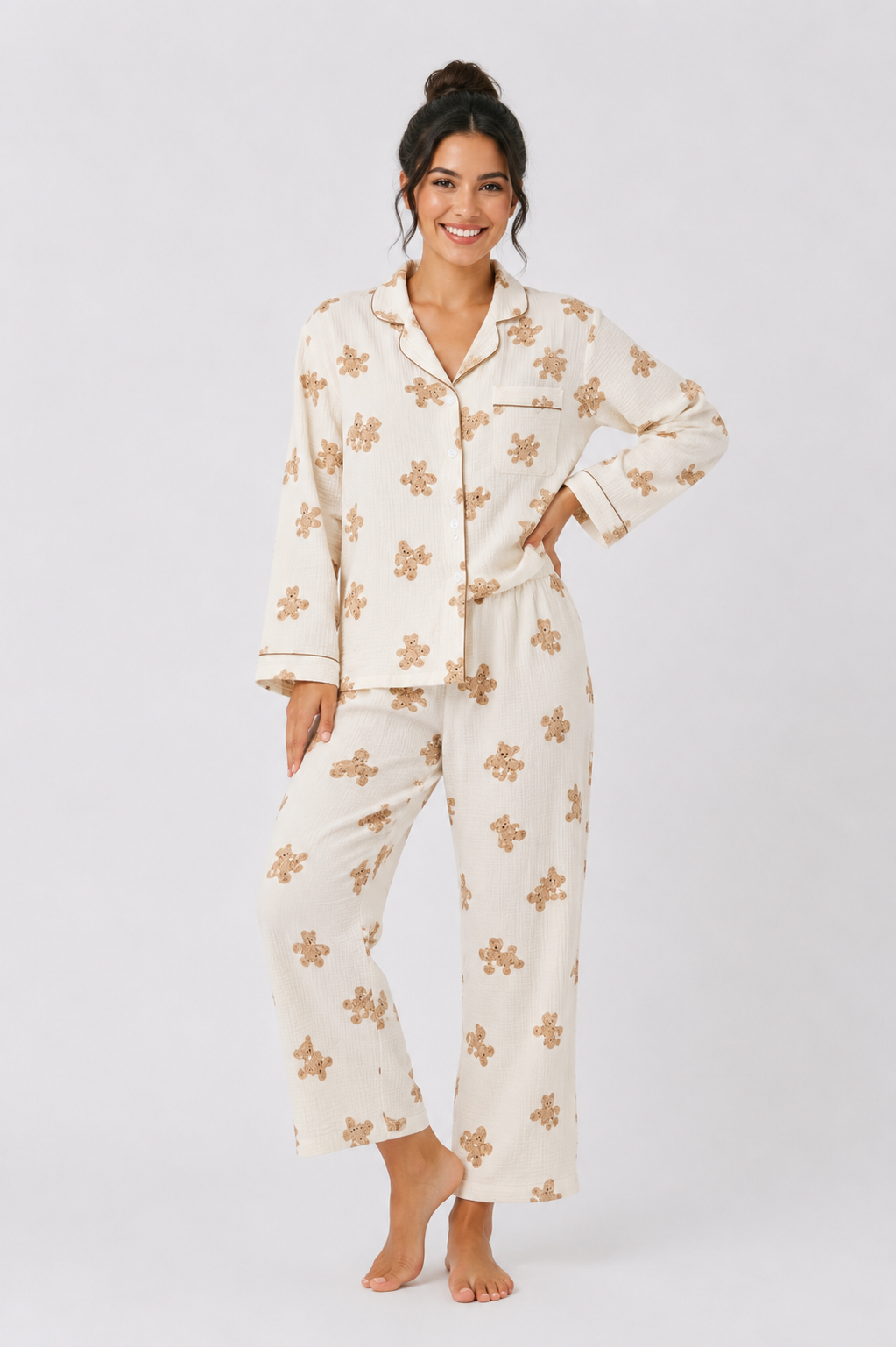 Contrast-Piped Long Pyjama Set with Straight-Leg Pants