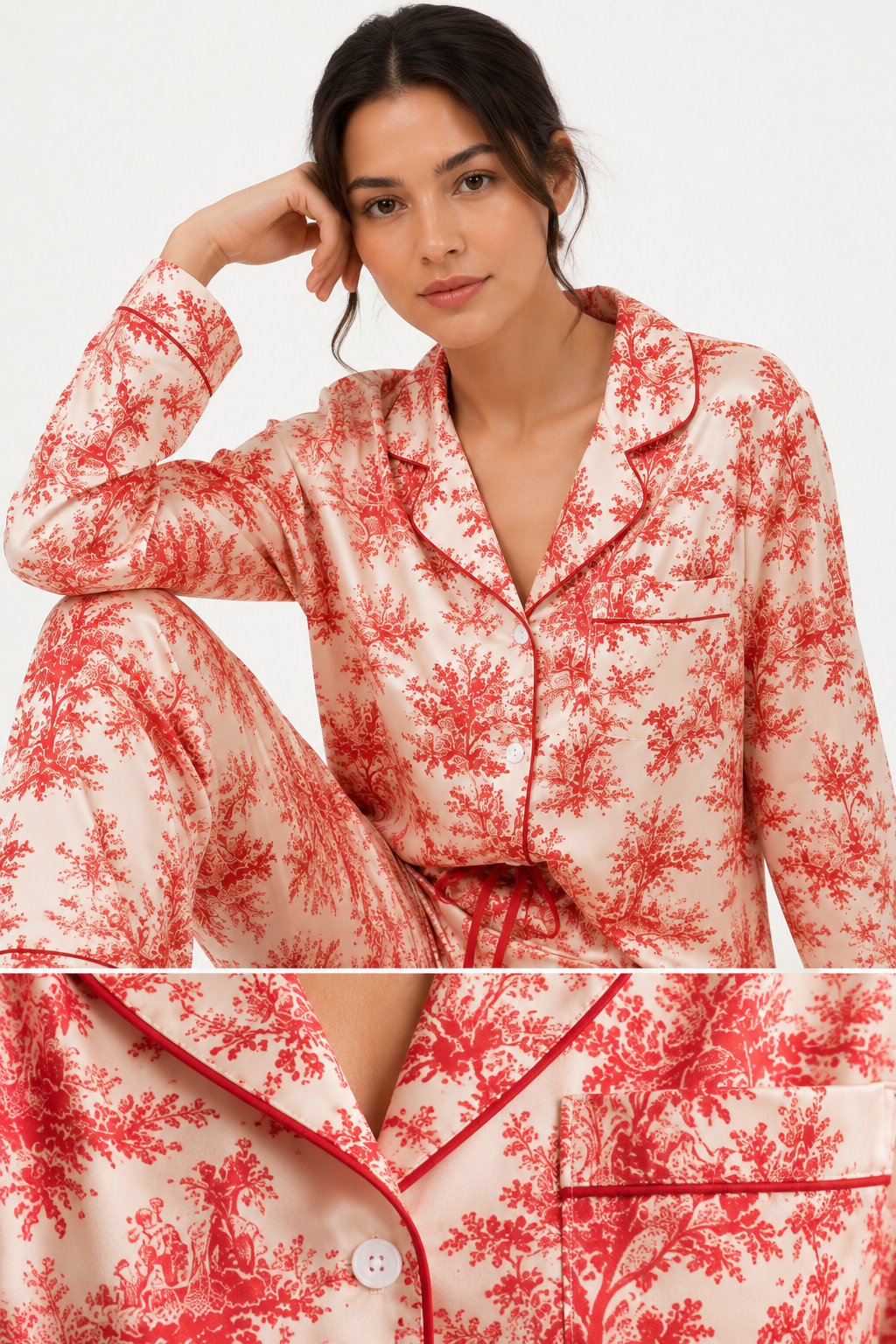 Piped Long-Sleeve Button-Front Pyjama Shirt