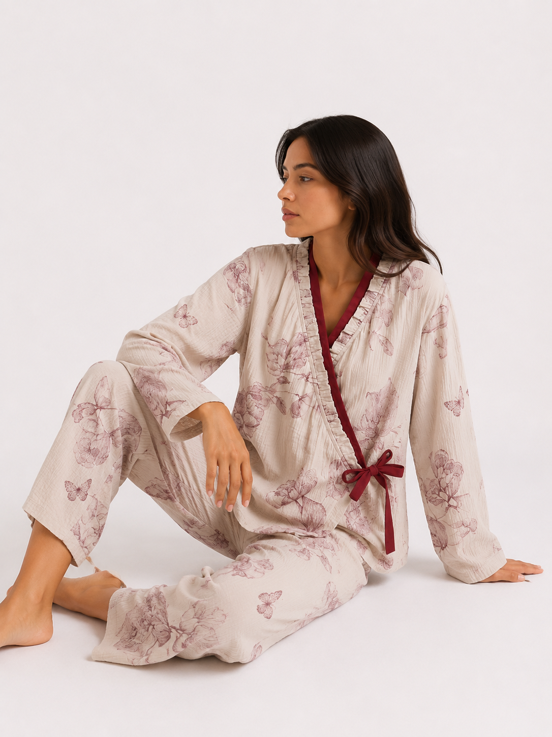 Kimono-Style Wrap Long Pyjama Set with Tie Waist