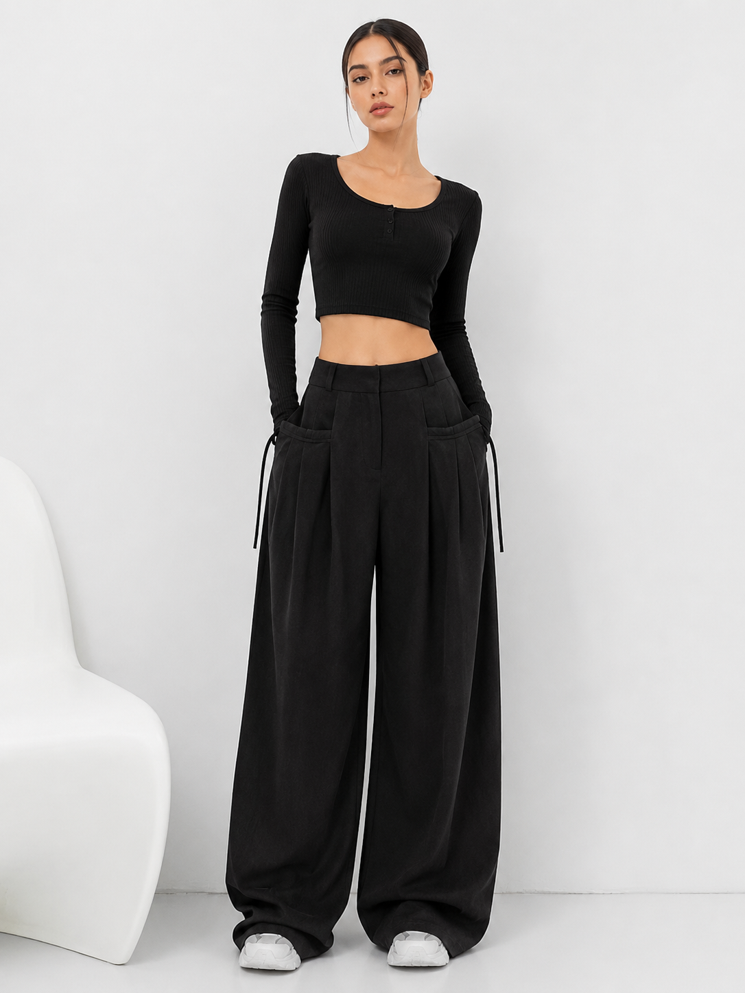 Gathered High-Waist Wide-Leg Pants