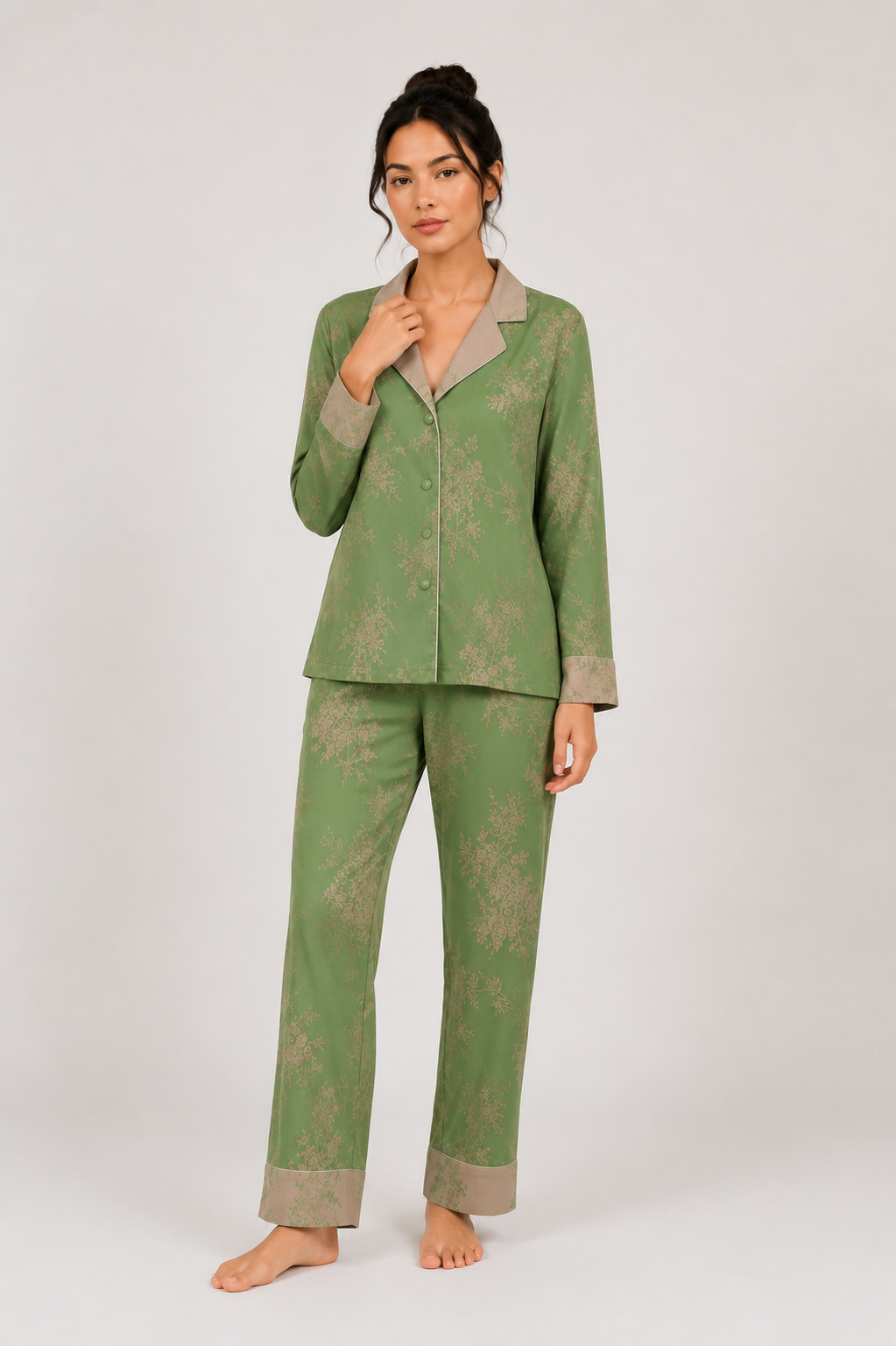 Printed Satin-Look Long Pyjama Set with Piping