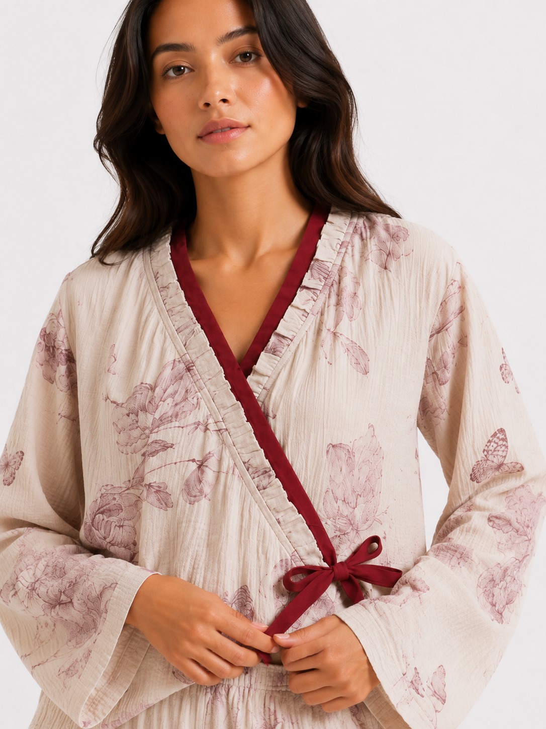 Kimono-Style Wrap Long Pyjama Set with Tie Waist