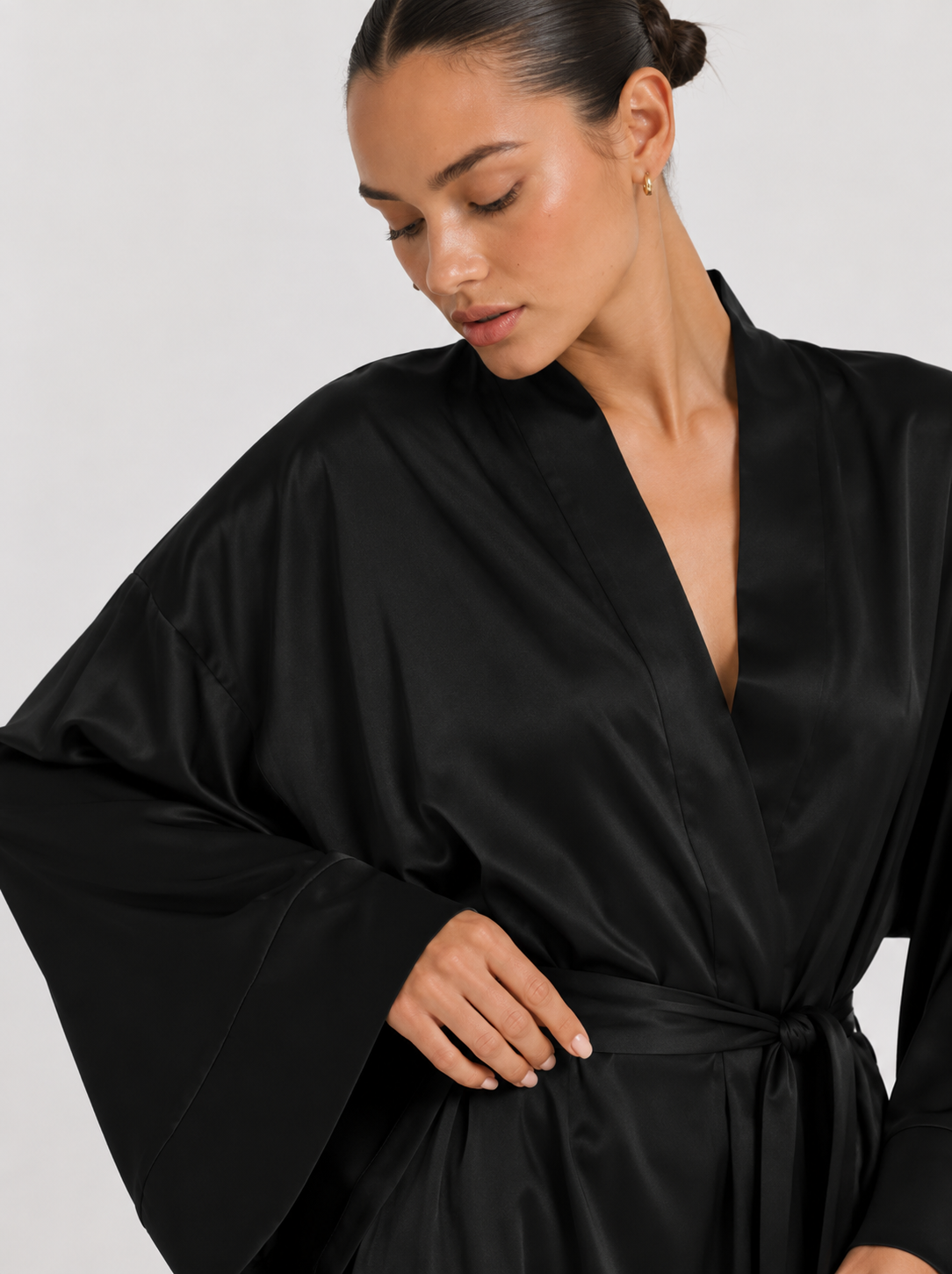 V-Neck Satin-Look Dressing Gown with Wide Sleeves