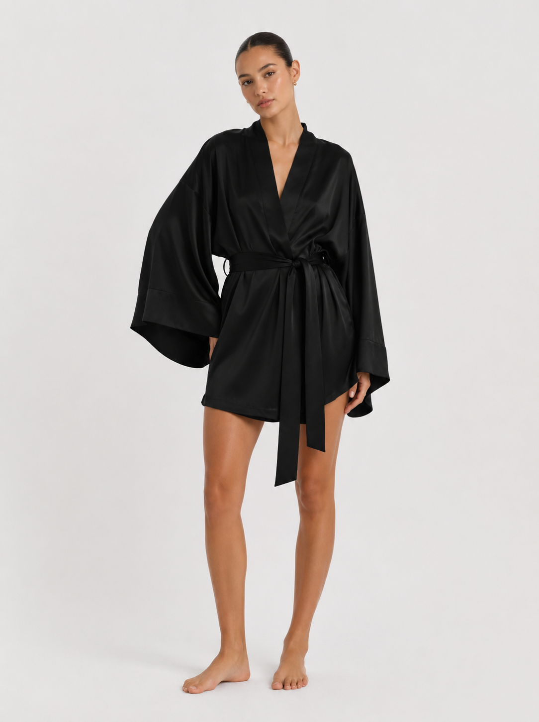 V-Neck Satin-Look Dressing Gown with Wide Sleeves