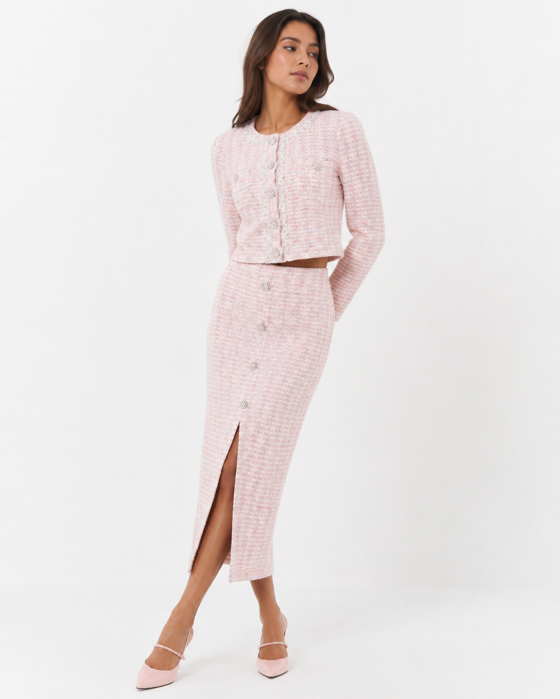 Bouclé Knit Cardigan & Midi Skirt Set