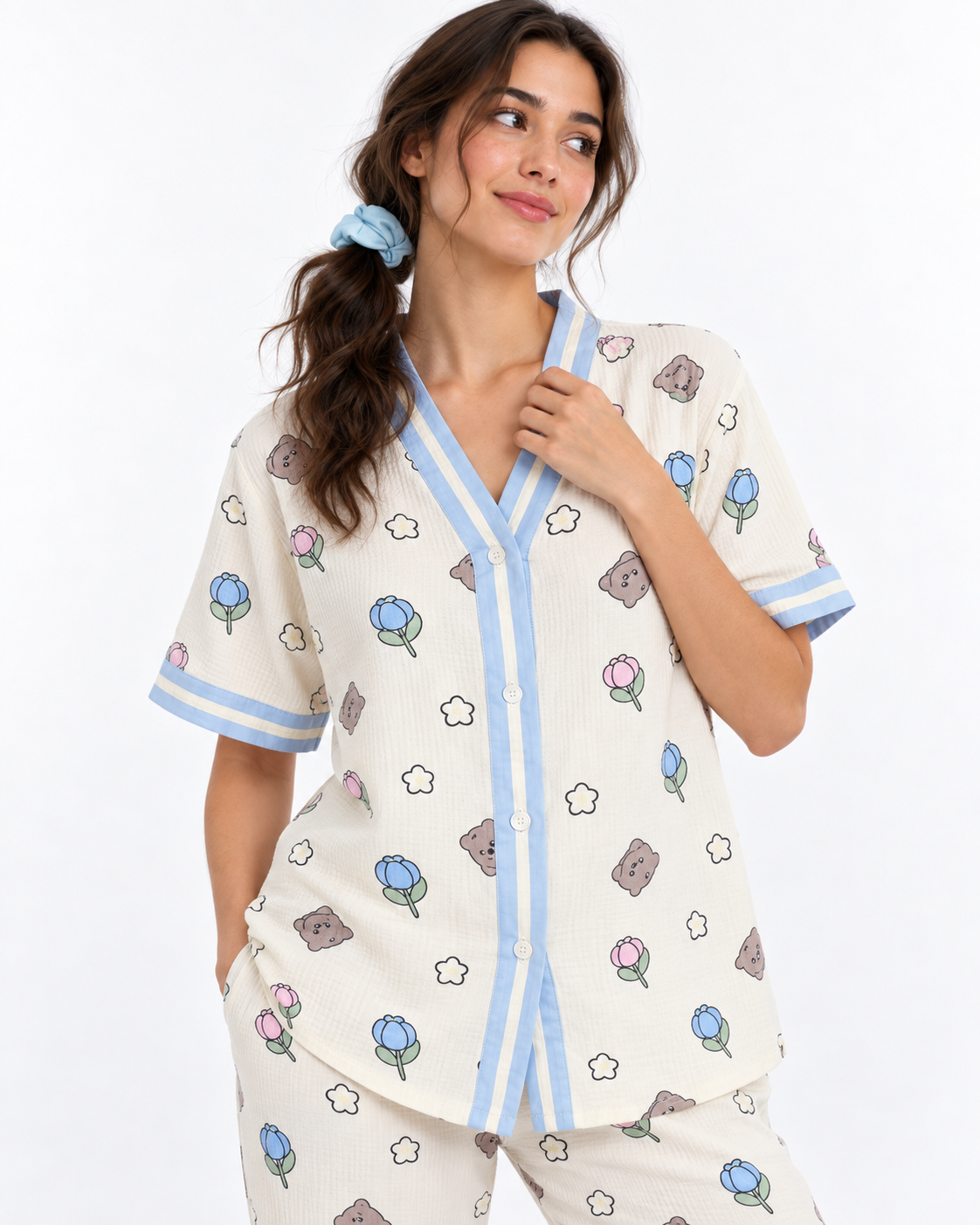 Floral V-Neck Long Pyjama Set
