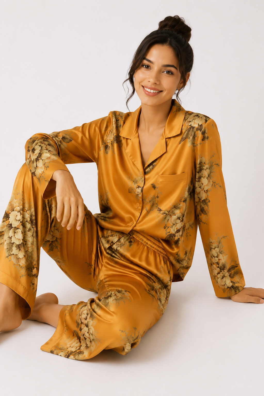 Satin-Look Long Pyjama Set with Revere Collar