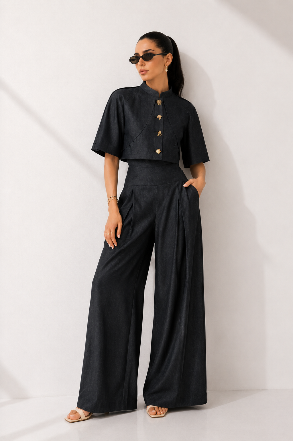 Tailored High-Waist Wide-Leg Pants with Structured Button-Detail Top