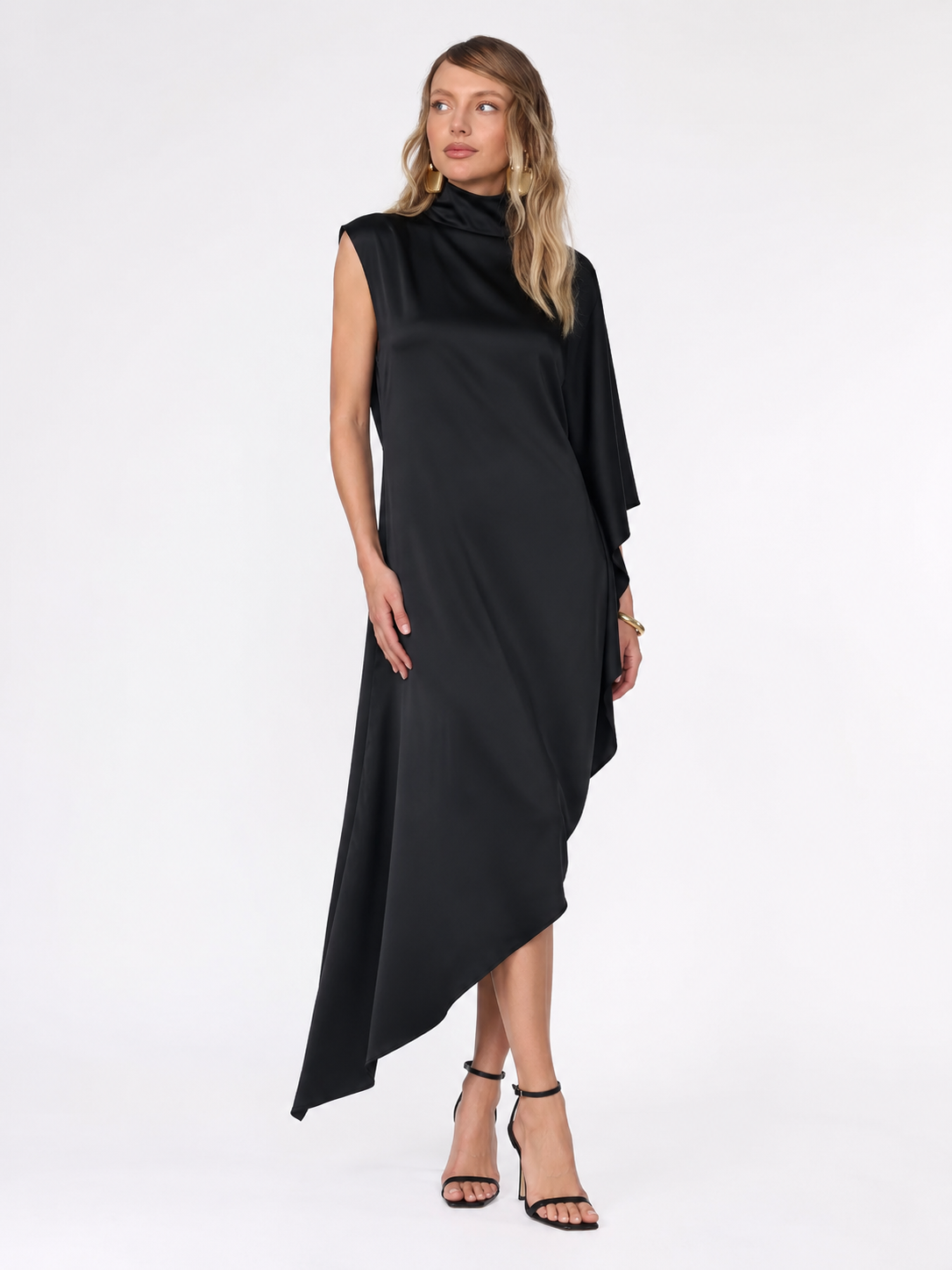 High-Neck Asymmetric Satin Midi Dress