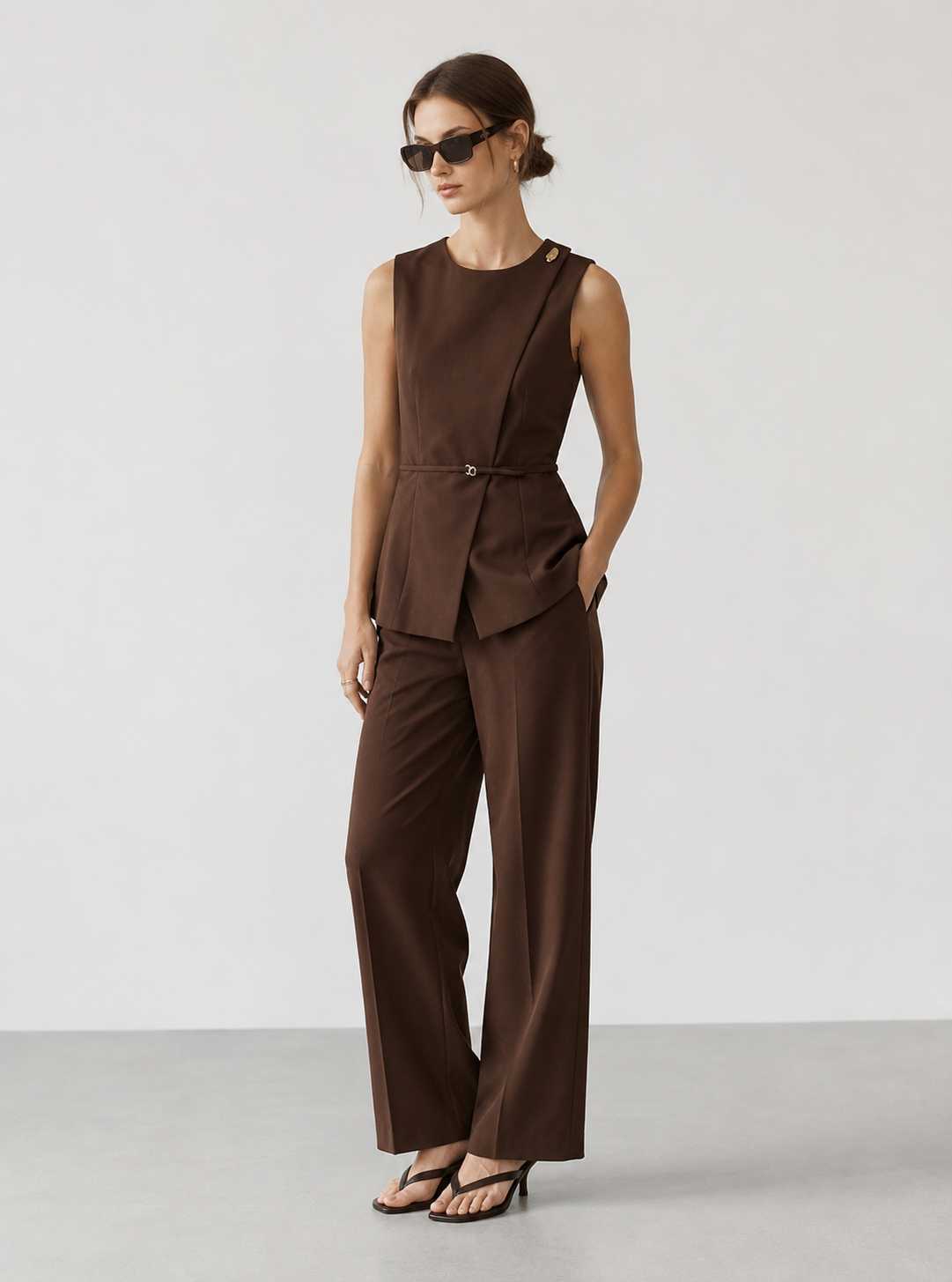 Sleeveless Asymmetric Peplum Top and Wide-Leg Pants Set