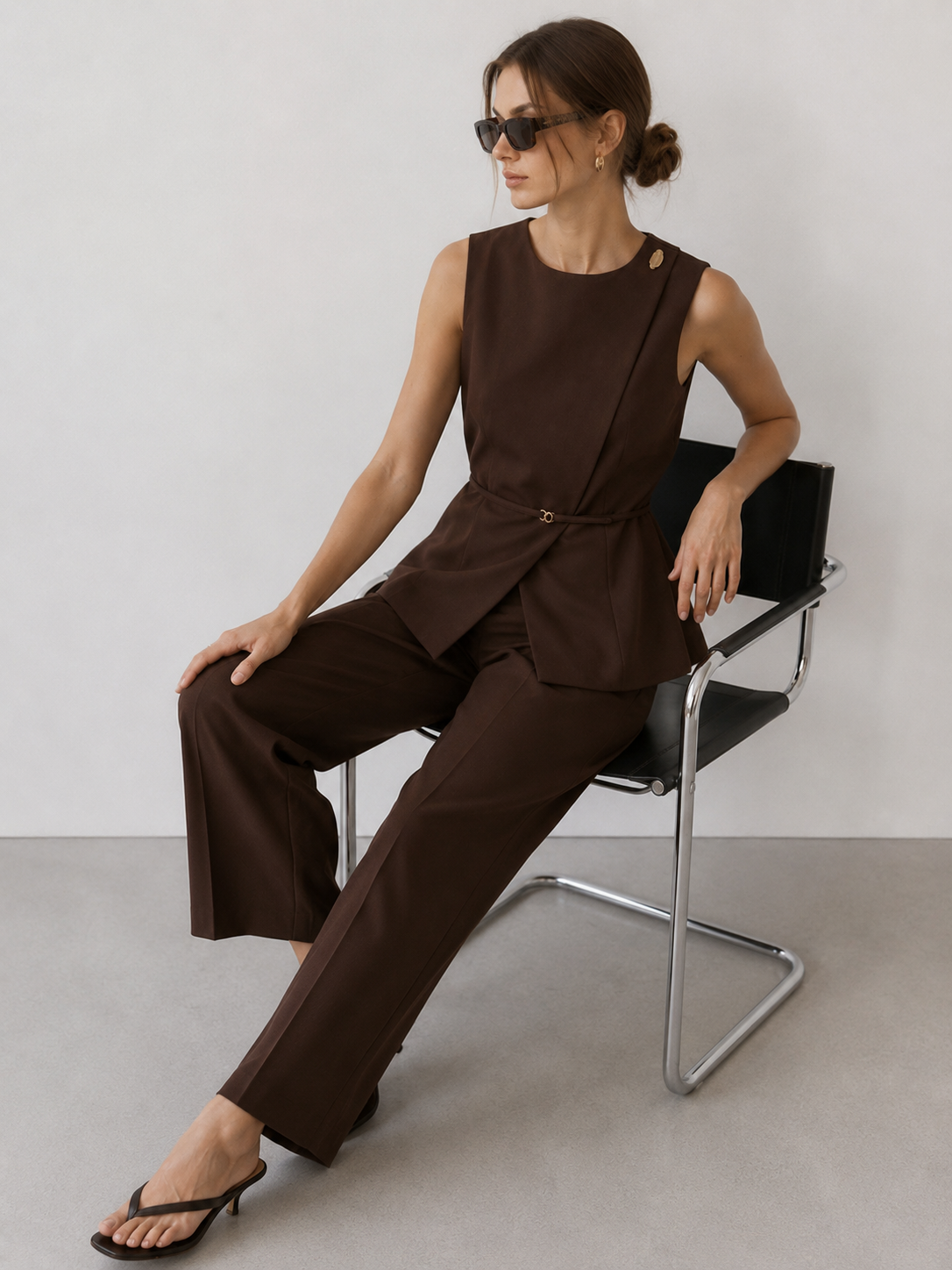 Sleeveless Asymmetric Peplum Top and Wide-Leg Pants Set
