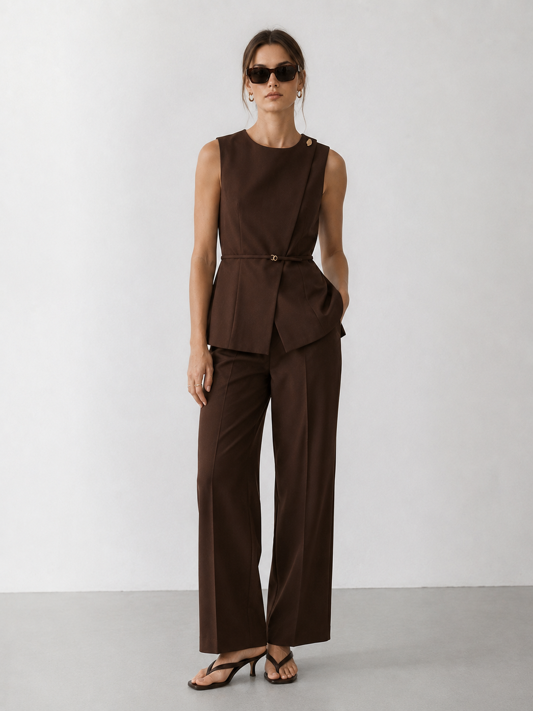 Sleeveless Asymmetric Peplum Top and Wide-Leg Pants Set