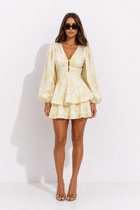 Floral Balloon-Sleeve Tiered Mini Dress