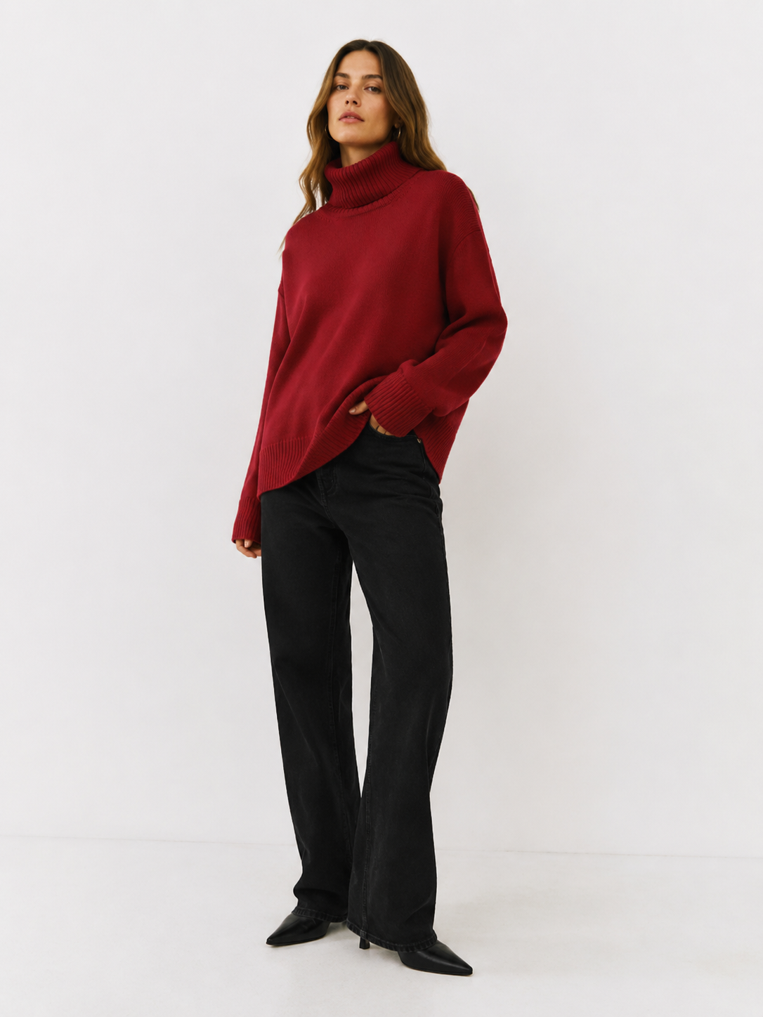 Oversized Rib-Trim Roll Neck Sweater