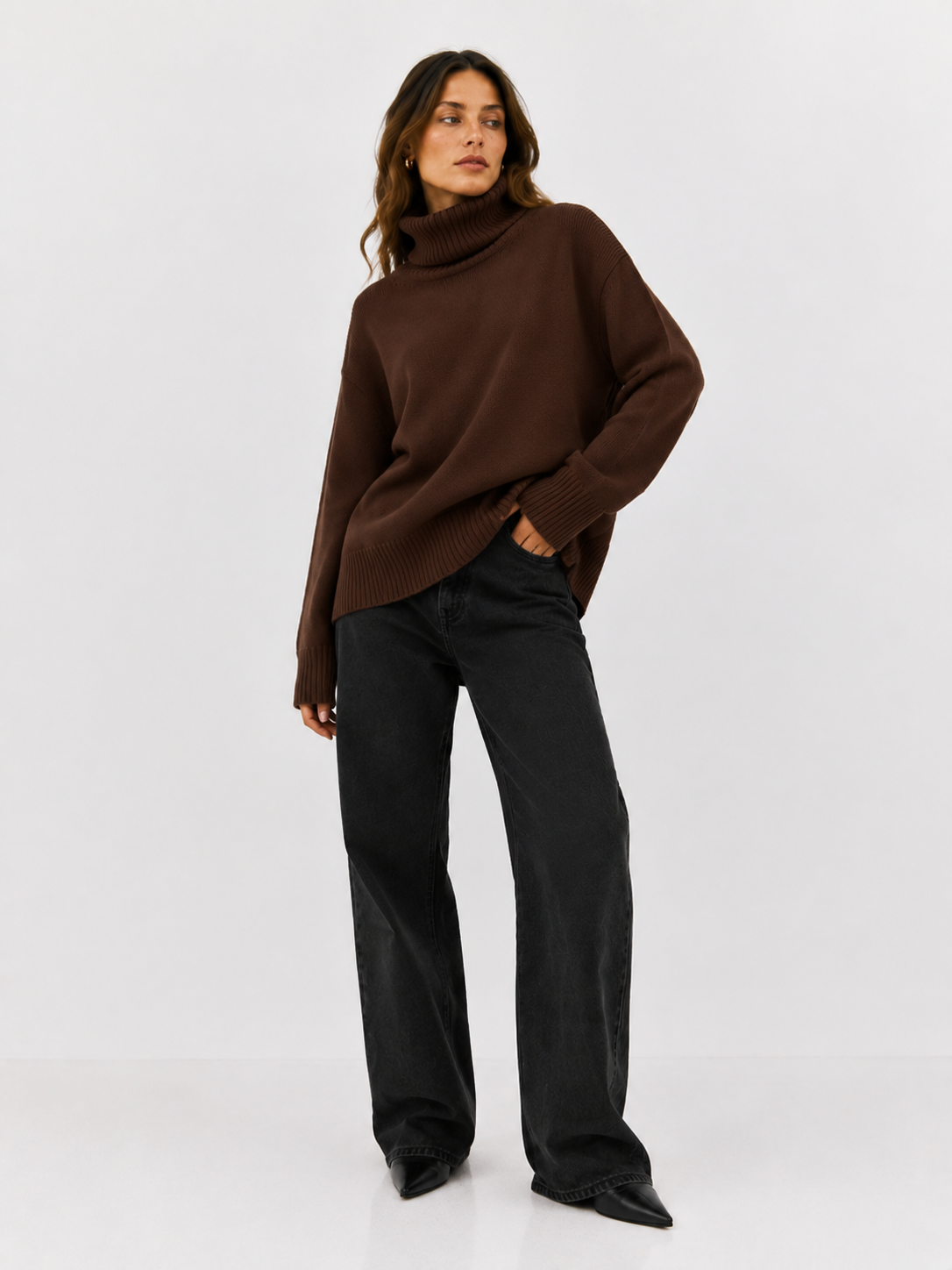 Oversized Rib-Trim Roll Neck Sweater