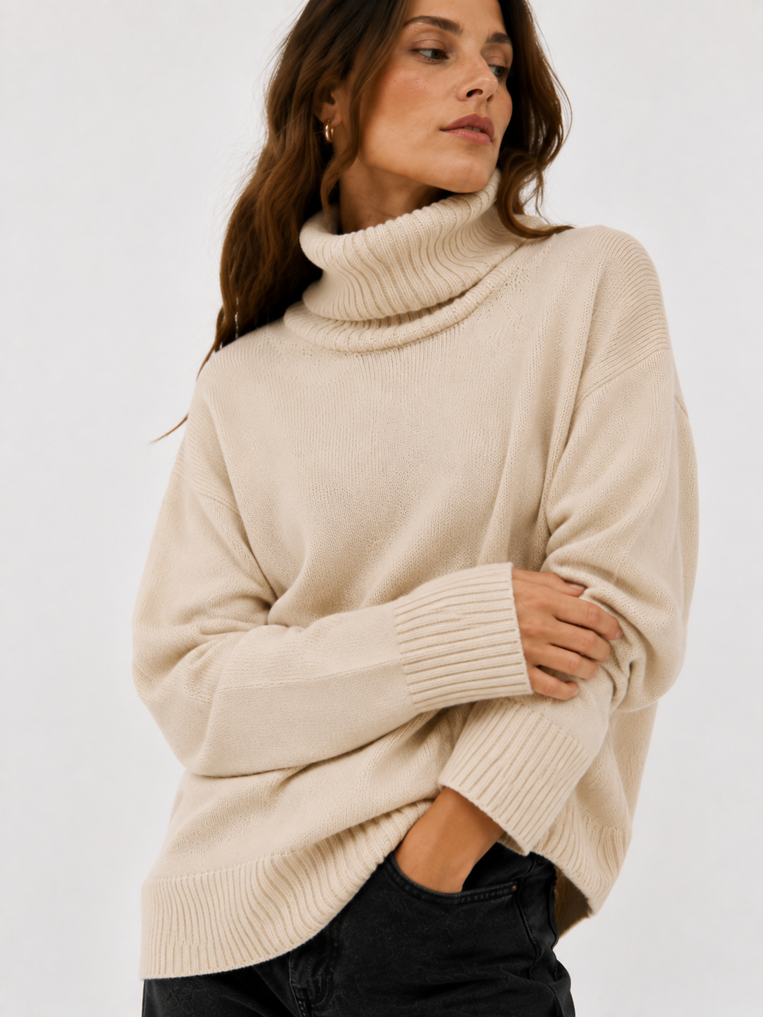 Oversized Rib-Trim Roll Neck Sweater