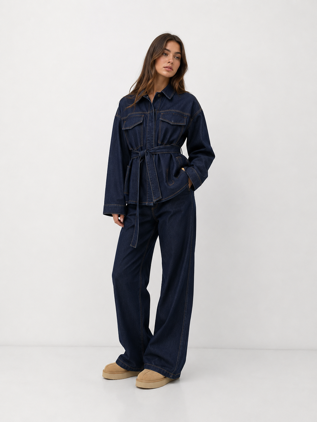 Belted Utility Jacket & Straight-Leg Tailored Pants Set