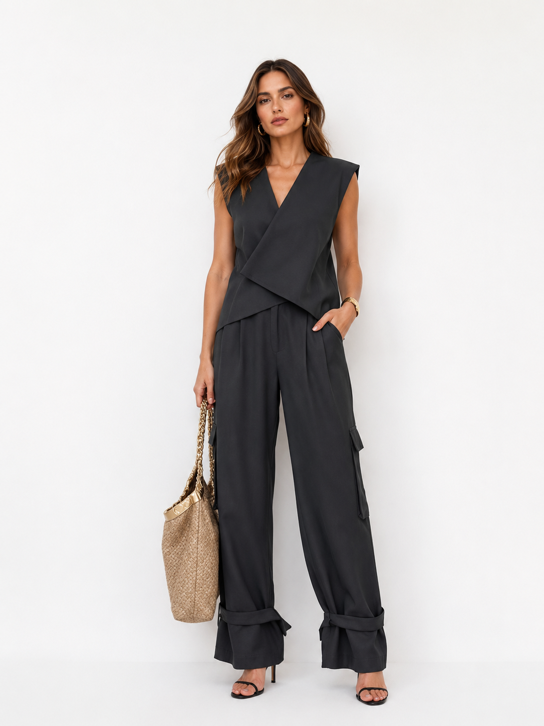 Asymmetric Wrap-Front Top & High-Waisted Wide-Leg Pants Set