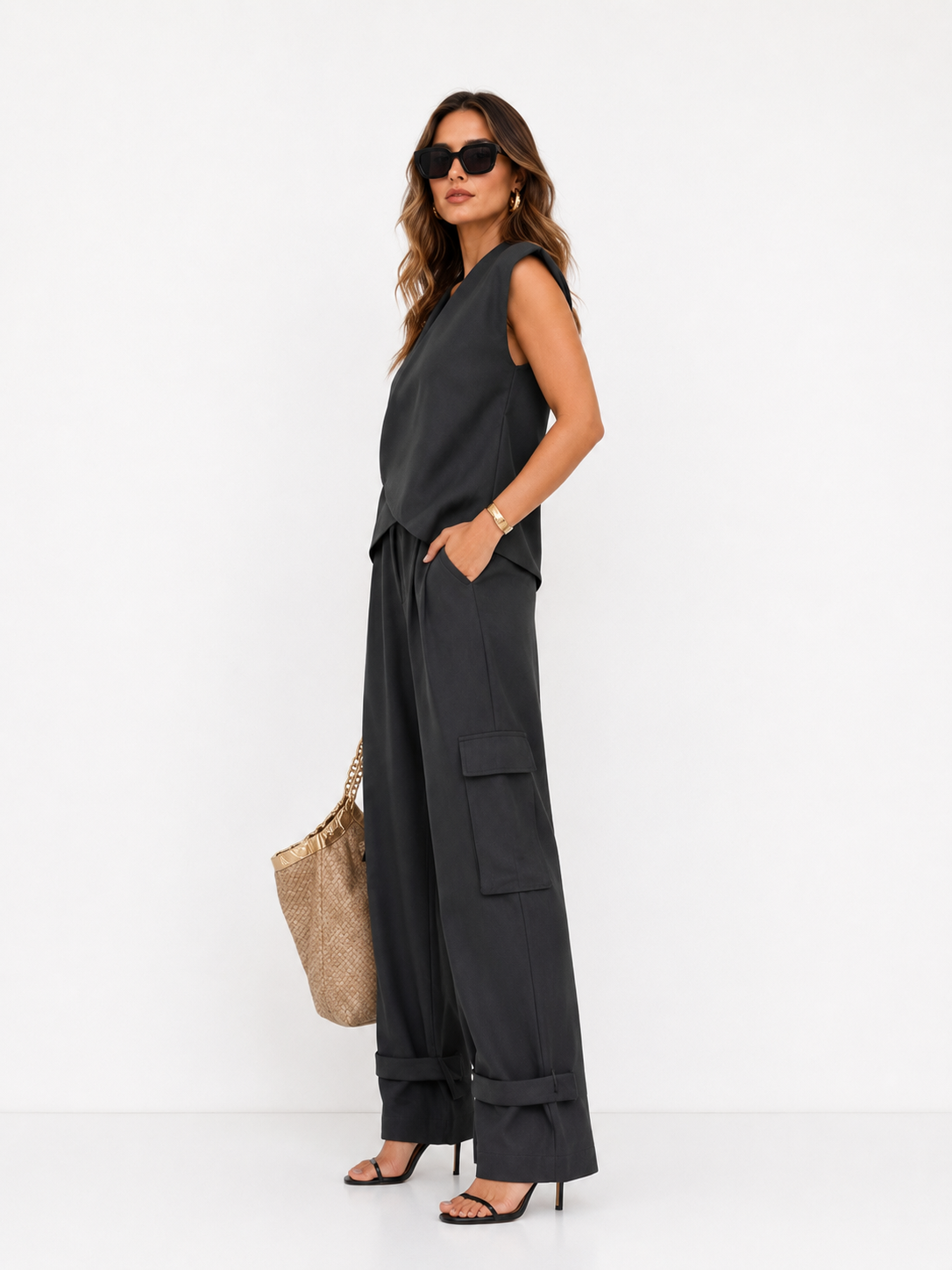 Asymmetric Wrap-Front Top & High-Waisted Wide-Leg Pants Set