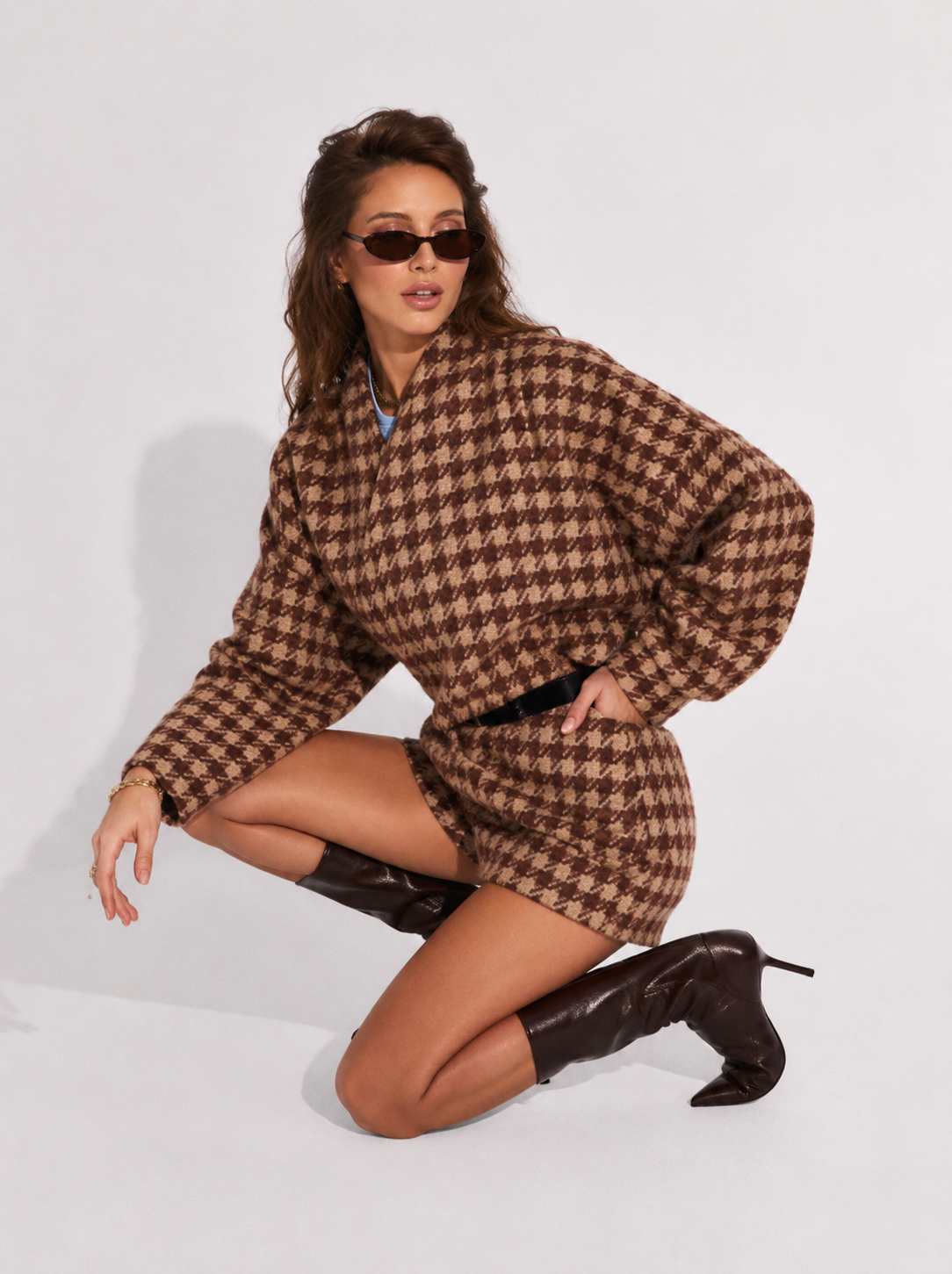Houndstooth Wool Blouson and Shorts Set