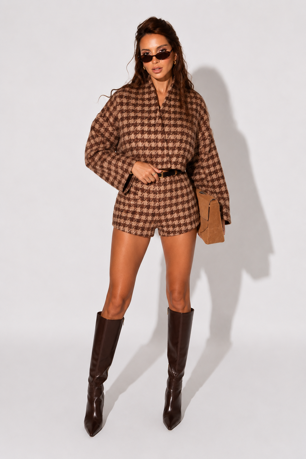 Houndstooth Wool Blouson and Shorts Set