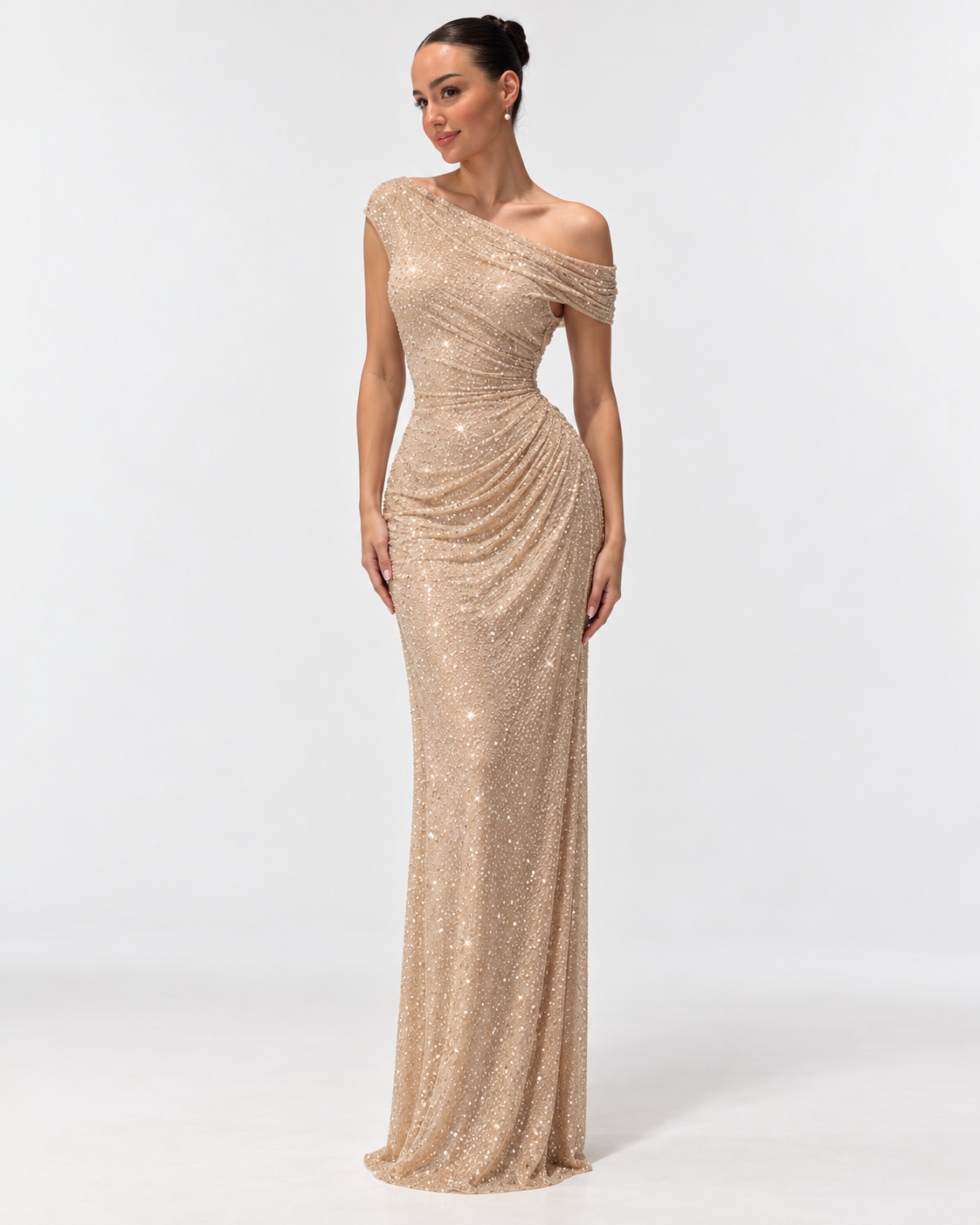Off-Shoulder Embellished Column Maxi Dress