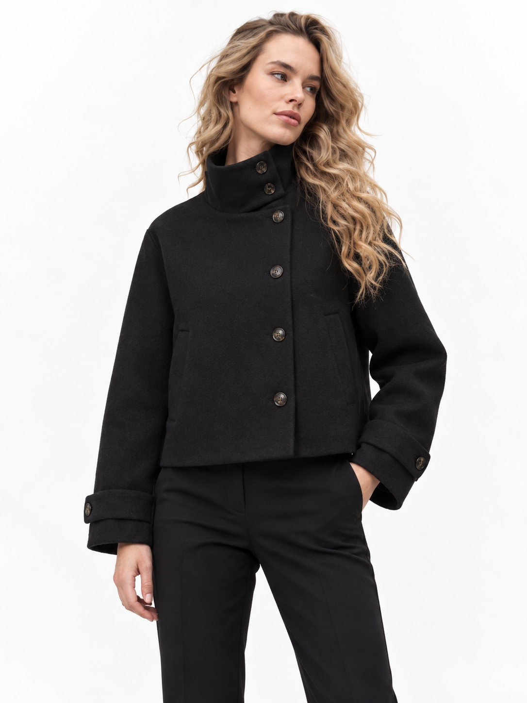 Asymmetric High-Neck Wool Blend Jacket