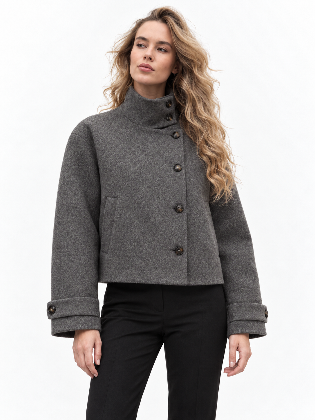 Asymmetric High-Neck Wool Blend Jacket