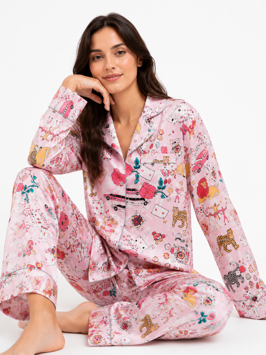 Floral-Print Long Pyjama Set with Wide-Leg Pants