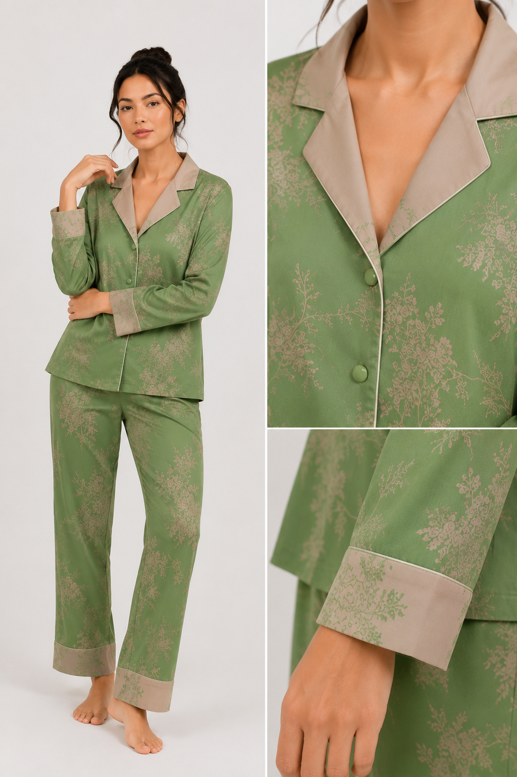Printed Satin-Look Long Pyjama Set with Piping