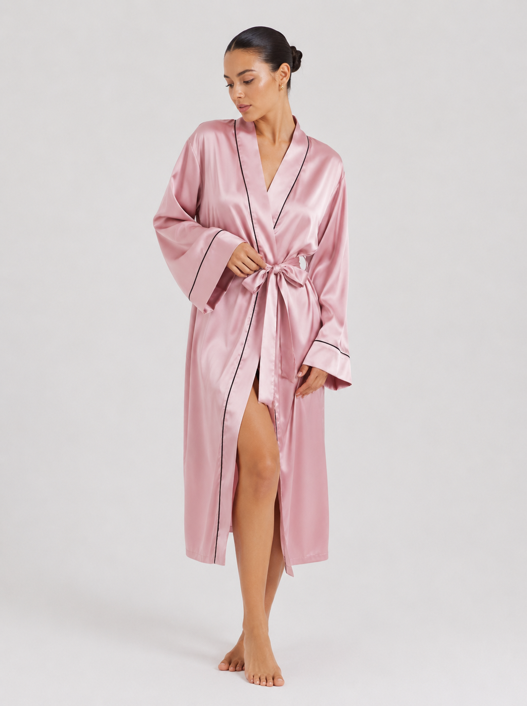 Contrast-Piped Open-Front Dressing Gown