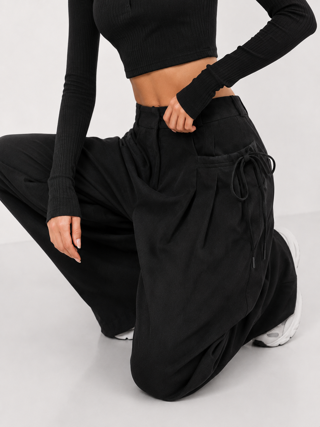 Gathered High-Waist Wide-Leg Pants
