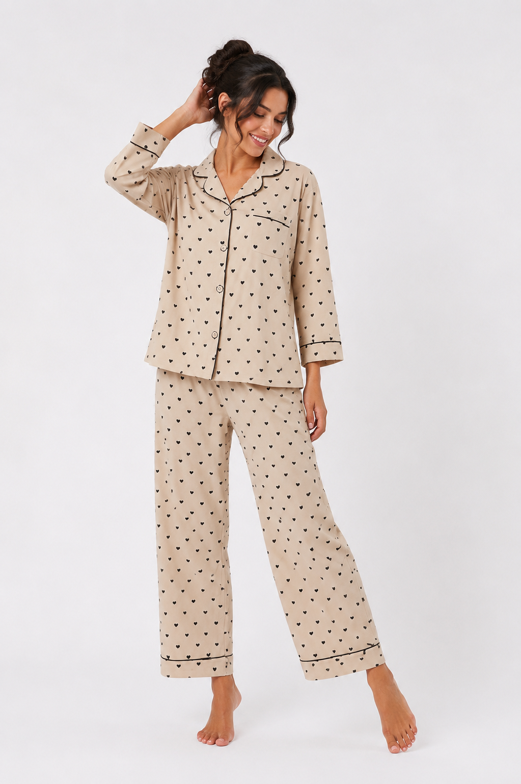Contrast-Piped Long Pyjama Set with Straight-Leg Pants
