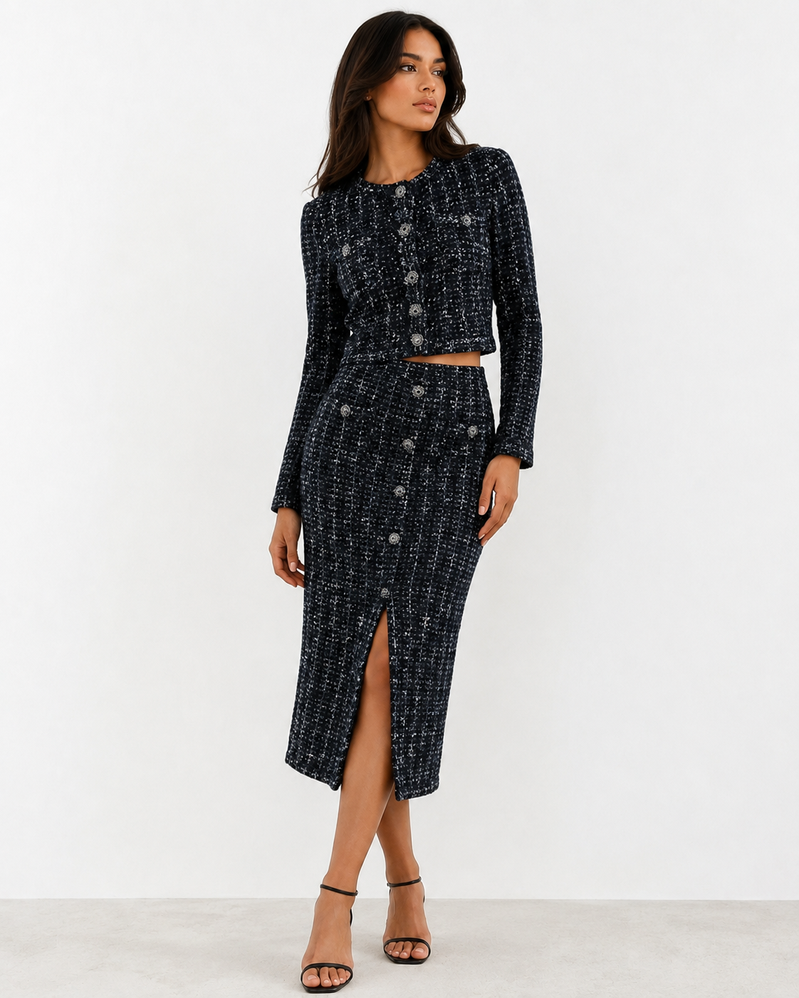 Bouclé Knit Cardigan & Midi Skirt Set