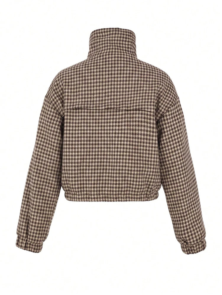 Houndstooth High-Neck Cropped Jacket